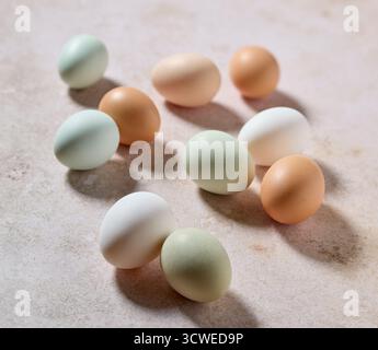 fresh raw colorful bio eggs on beige background Stock Photo
