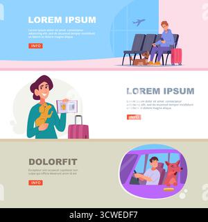 Travel with pets. male and female tourists travelling with domestic animals dogs and cats. vector banners original artwork Stock Vector