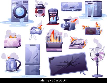 Damaged home electronics. Broken house appliances, different gadgets in fire and water. Burning microwave, iron, teapot, nowaday vector set original a Stock Vector