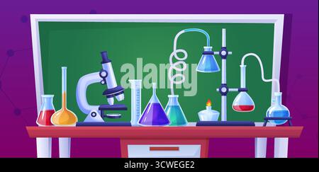 Cartoon chemical laboratory. Experimental chemistry or biology lab. Glass tubes, potions, test beakers. School classroom with chalkboard, nowaday vect Stock Vector