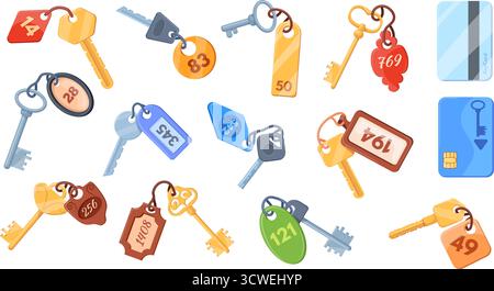 Hotel keys. Motel key with room number on tag, door locker card travel apartment security technology rooms label keychains keyrings fob pendant chain Stock Vector