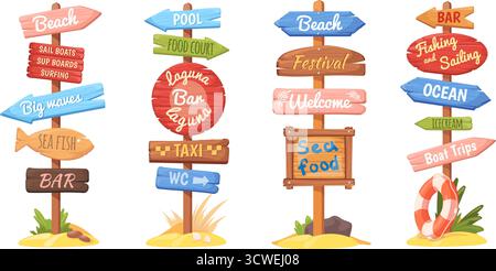 Beach signpost. Wooden sign summer swimming beach direction, surf pointers wood arrow signage on post travel way trip road billboard sea signboards ca Stock Vector