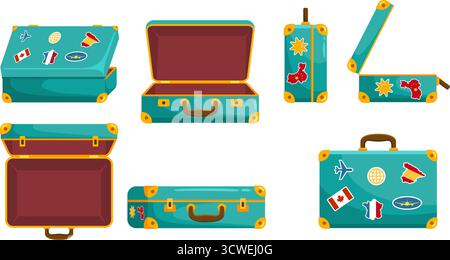Open travel suitcases. Opened and closed luggage with country stickers, empty briefcase vintage trunk luggage handle summer vacation trip abroad journ Stock Vector