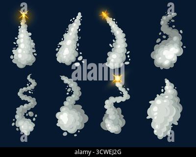 Rocket trails. Cartoon rockets smoke fire flame trail cloud, airplane jet fly missile launch speed spaceship plane firework blast flight take off effe Stock Vector