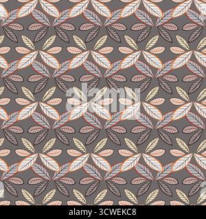 Autumn seamless repeating pattern of orange gray leaves. Calm floral ornament of leaves on gray background. Autumnal plant vector background. Fall sea Stock Vector