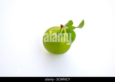 Fresh ripe green plums on yellow plate with branch on isolated white background surface Stock Photo