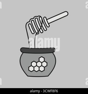 A simple grayscale icon of a honey pot with a dipper. This illustration is perfect for food, organic, and kitchen-themed designs, symbolizing natural Stock Vector
