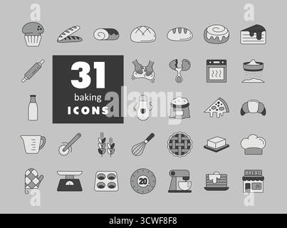 A comprehensive set of 31 grayscale icons for bakery items and baking tools. Perfect for menus, food blogs, and kitchen-related websites or apps. Stock Vector