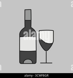A simple grayscale icon of a bottle of wine with a full wine glass. This illustration is perfect for conveying themes of celebration, dining, restaura Stock Vector