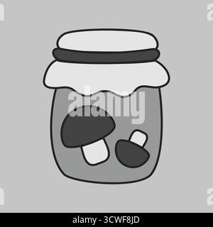 A simple grayscale icon of a jar with mushrooms inside. This illustration is perfect for food, rustic, and kitchen-themed designs, symbolizing preserv Stock Vector