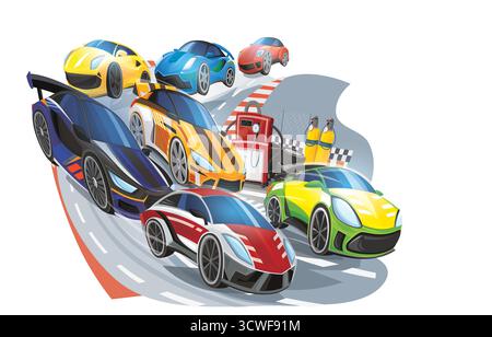 Cartoon street racing cars vehicles during race competition on white ...