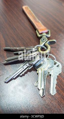 View of a Set of Keys on a table Top Stock Photo