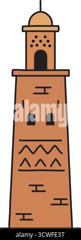 A slender tower with a small balcony and geometric motifs stands ready to call across a skyline Stock Vector