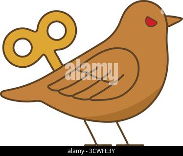 A cute mechanical bird stands on thin legs with a winding key on its back and etched wing lines Stock Vector