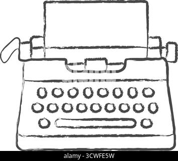 A classic desk typewriter is shown in clean lines with a paper page and rows of circular keys Stock Vector