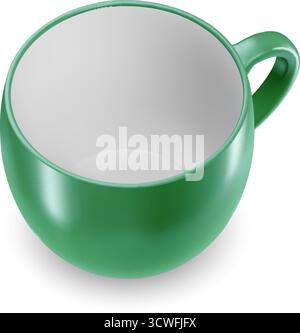 A solitary ceramic cup in green, devoid of content, intended for beverages or other liquid items, set against a white. Stock Vector