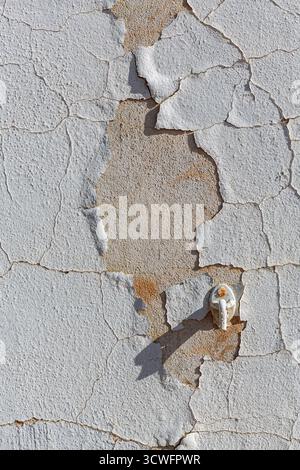 Cracked and peeling white paint on a wall, revealing a brown, textured surface beneath. The paint is flaking in irregular patterns, creating a rugged Stock Photo