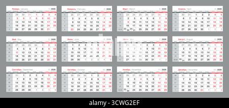 2026 Calendar Template in Russian and English Stock Vector
