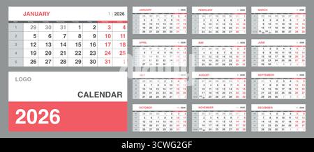 2026 Calendar Template in Minimalist Style Stock Vector