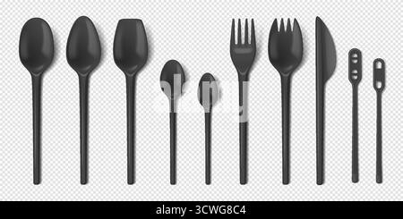 Collection of black plastic cutlery arranged evenly. Includes forks, spoons, and knives. Displayed on a transparent background. Perfect for kitchen de Stock Vector