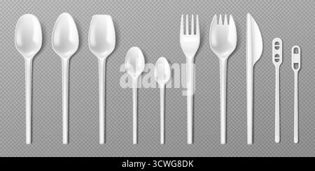 Collection of white plastic cutlery in varying sizes arranged neatly. Includes spoons, forks, and knives. Displayed on a transparent grid pattern. Ide Stock Vector