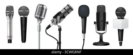 Illustration of multiple microphones in realistic style. Displaying different designs on white background. Used for music and broadcasting visuals. Stock Vector
