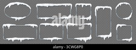 Set of vector frames adorned with snow on a transparent background. Features different shapes and snow formations. Ideal for winterthemed designs and Stock Vector