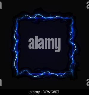 Electric blue lightning forming a dynamic frame on a dark background. The bright, crackling bolts create a powerful and energetic border. Ideal for te Stock Vector