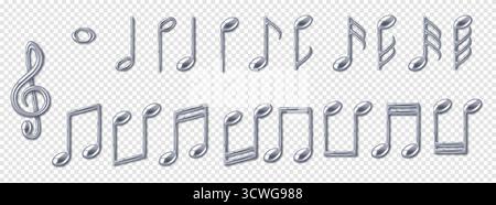 Various silver music notes depicted in a metallic style. Set against a transparent background. Suitable for musical themes and digital design projects Stock Vector