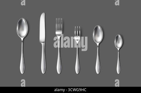 Collection of silver flatware including spoons, forks, and knife in elegant arrangement. Presented against dark gray backdrop. Ideal for culinary or d Stock Vector