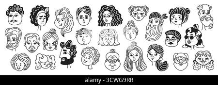 Collection of cartoon faces in black and white. Various expressions and hairstyles. Each illustration represents different emotions and styles, showca Stock Vector