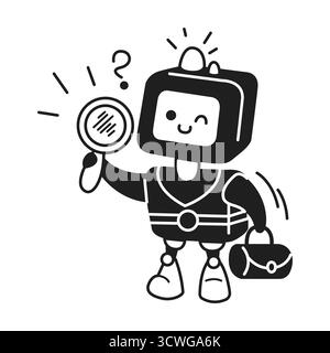 Cute robot character inspecting with a magnifying glass. Playful and inquisitive mood. Black and white cartoon style. Perfect for detective themes ill Stock Vector