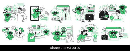 Series of illustrations featuring a robot assisting people in HR tasks. Engaging with documents, screens, and users in an interactive, techfocused set Stock Vector