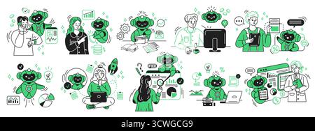 Illustration of artificial intelligence and humans collaborating in business and technology setting. Bright colors and modern style highlight teamwork Stock Vector