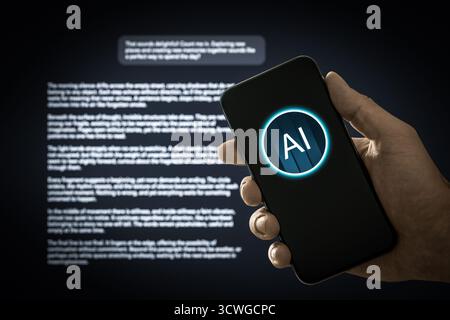 AI prompt text to generate content. Chat with virtual assistant. Chatbot search at work. Using artificial intelligence conversation tool in phone. Stock Photo