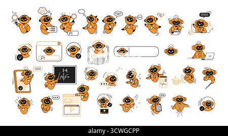 Set of cute artificial intelligence illustrations in orange and black, engaging in different tasks like searching, chatting, and working on a laptop. Stock Vector