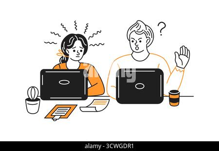Two concerned people working on laptops in an office setting. Black and orange color palette. Illustration designed for depicting teamwork or problems Stock Vector