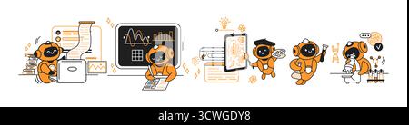 Illustration of robots conducting research and art in a minimalist style. The robots are engaged in activities like writing, painting, and experimenti Stock Vector