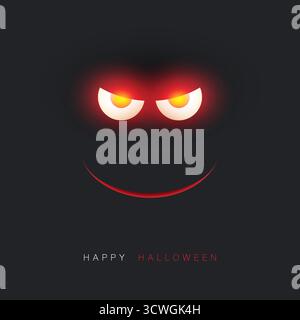 Happy Halloween Card, Flyer or Poster Template - Creepy Face with Glowing Eyes and Scary Smile in the Dark - Vector Design Illustration with Copyspace Stock Vector