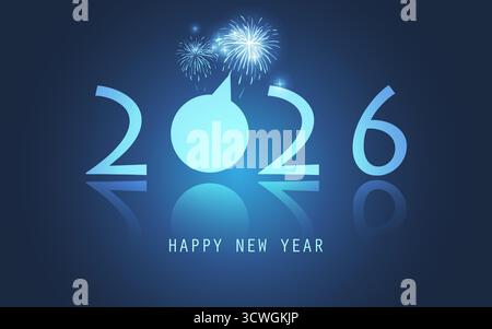 Dark Blue New Year Card Template with Brightly Glowing Fireworks Design - 2026 - Reflective Bright Banner, Typography with 3D Effect in Editable Vecto Stock Vector