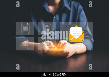 Businesswoman uses phone to manage digital billing, electronic statements on virtual screen, concept e-invoice, online invoice processing, digital rec Stock Photo