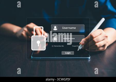 User accesses secure internet system through advanced high technology, username, password, ensuring encryption, strong cybersecurity for information s Stock Photo