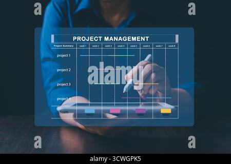 Project manager is working on virtual screen, using project management system. Gantt chart interface to plan tasks, schedule milestones, track progres Stock Photo