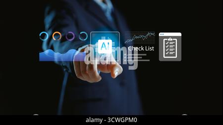 Businessman touching virtual AI interface with data analytics, checklist and technology icons, symbolizing artificial int Stock Photo