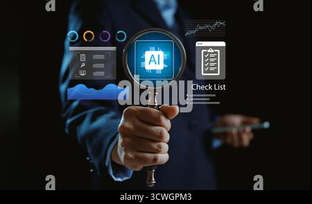 Businessman touching virtual AI interface with data analytics, checklist and technology icons, symbolizing artificial intelligence, digital transforma Stock Photo
