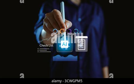 Businessman touching virtual AI interface with data analytics, checklist and technology icons, symbolizing artificial intelligence, Stock Photo