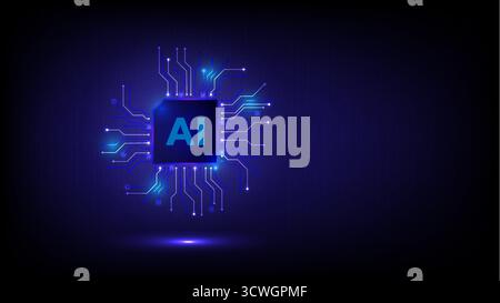 Futuristic AI processor glowing in blue light with digital circuit connections and tech background, vector illustration Stock Vector