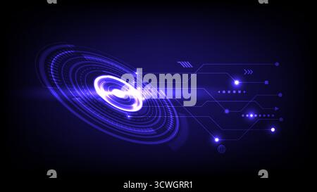 Abstract digital background featuring glowing blue circular interface and data flow lines in hi tech style, vector illustration Stock Vector