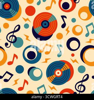Music vinyl records seamless pattern. Repeated retro style elements, gramophone discs with musical notation, notes textile, wrapping paper, wallpaper Stock Vector