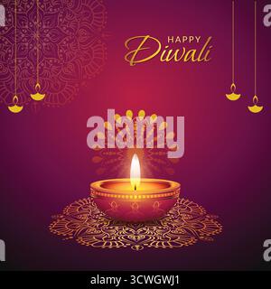 Beautiful diwali greeting card with shiny diya oil lamp background Stock Vector